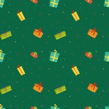 Bright vector seamless pattern. Colorful gift boxes for Christmas and Happy n Stock Illustration