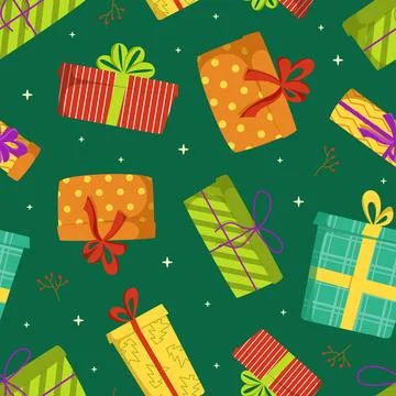 Bright vector seamless pattern with colorful gift boxes for Christmas and H.. Stock Illustration