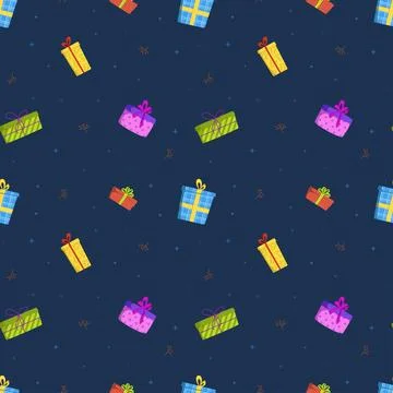 Bright vector seamless pattern with colorful gift boxes for Christmas and Hap Stock Illustration