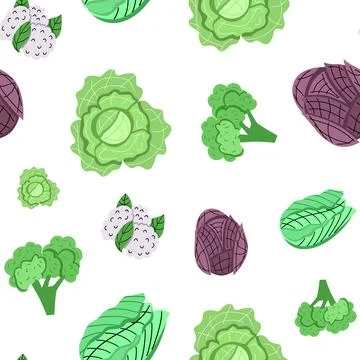 Bright vector seamless pattern of different types of cabbage . Stock Illustration