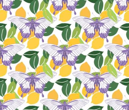 Bright vector Seamless pattern with lemons and butterfly. Yellow, green and Stock Illustration