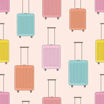 Bright vector seamless pattern with luggage, suitcase. Summer travel Stock Illustration
