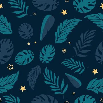Bright vector seamless tropical pattern with monstera palm leaves and stars Stock Illustration