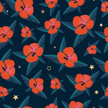 Bright vector seamless tropical pattern with red flower leaves and stars on a Ilustração Stock