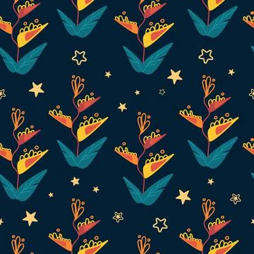 Bright vector seamless tropical pattern with strelitzia flower leaves and sta Illustrazione stock
