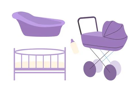 Bright vector set of baby items stroller, bath, crib, bottle for feeding. Violet Stock Illustration