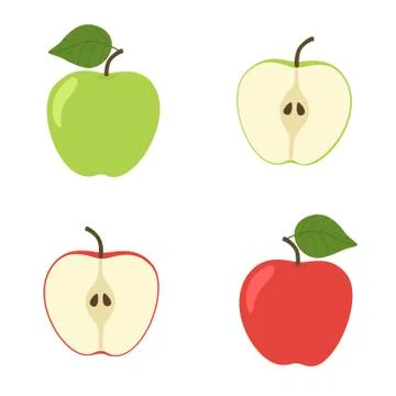 Bright vector set of colorful half and whole of juicy apple. Fresh cartoon Stock Illustration