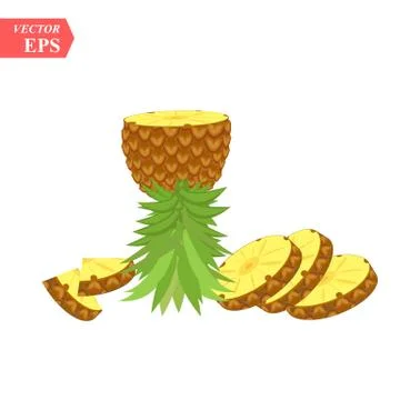 Bright vector set of colorful half, slice and whole of pineapple. Fresh carto Stock Illustration
