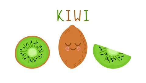 Bright vector set of colorful half, slice and whole of fresh kiwi Illustrazione stock