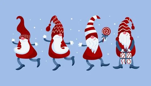 Bright vector set of cute little Christmas gnomes in caps with lollipop, gift Stock Illustration