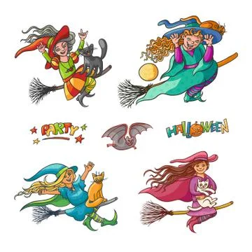 Bright vector set girls witches on broom with cats. Illustration cheerful Stock-Illustration