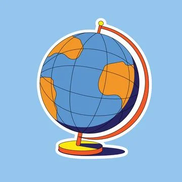 Bright vector sticker of school globe. Isolated sticker on blue background,.. Stock Illustration