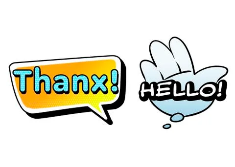 Bright vector Thanx and Hello speech bubbles. Colorful emotional icons Stock Illustration