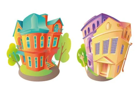 Bright vector volume icons of old houses in Victorian style and Baroque. Next Stock Illustration