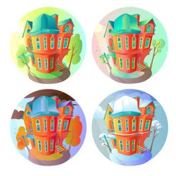 Bright vector volume icons of old houses in Victorian style. Isolated in cartoon Stock Illustration