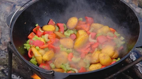 Bright vegetables are fried in a cauldron over an open fire. Vegetables are Stock Footage 279271883