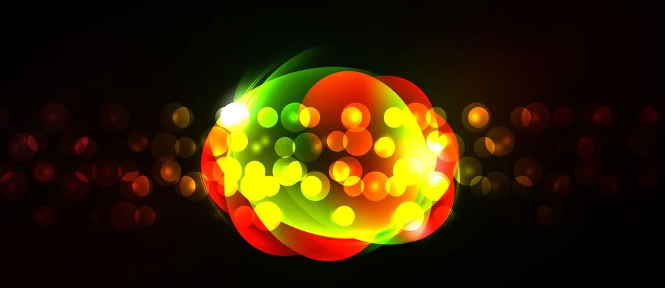 Bright vibrant circles overlap, creating glowing effect. Background is dark, 스톡 일러스트
