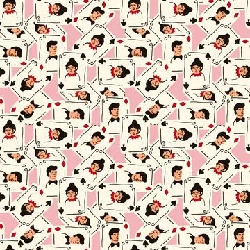 Bright vibrant pattern with Playing cards with Jack and Queen of Spades. Stock Illustration