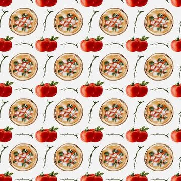 Bright watercolor pattern featuring tomatoes and decorative elements in red.. Stockillustratie