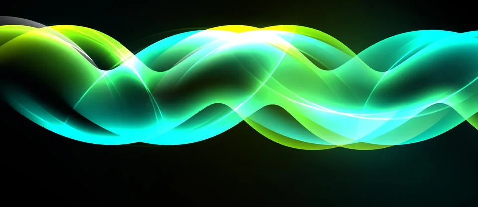 Bright wavy lines flow across black background. Vivid greens, yellows create Stock Illustration