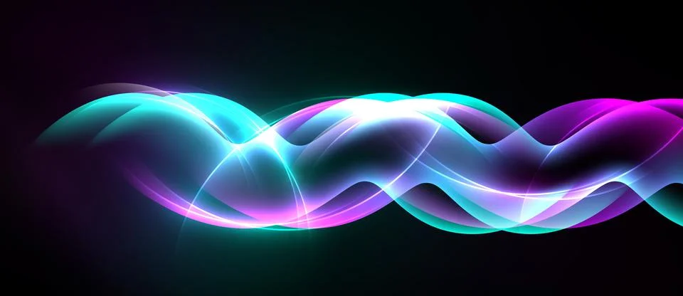 Bright wavy lines form abstract pattern. Vivid colors blend against dark Stock Illustration