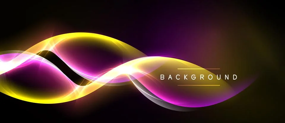 Bright wavy lines form abstract shape. Purple, yellow hues dominate dark Stock Illustration