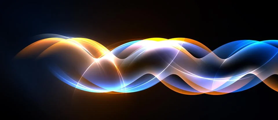 Bright wavy lines overlap, creating dynamic abstract design. Colors blend, Stock Illustration