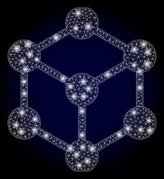 Bright Web Mesh Cube Nodes with Light Spots Stock Illustration