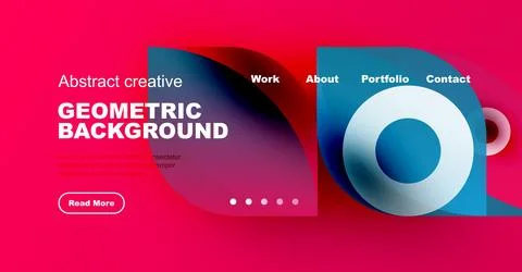 Bright website header design. Geometric shapes, text overlays, navigation menu 스톡 일러스트