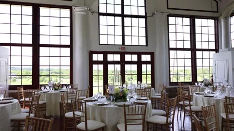 Bright wedding reception hall with large windows Stock Footage 337797021