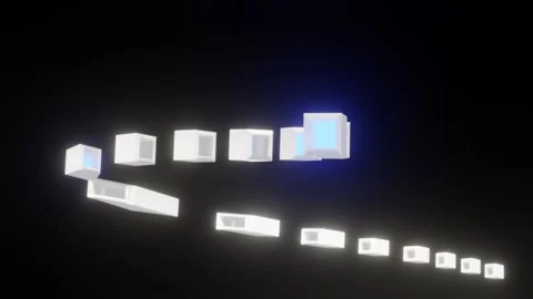Bright White And Blue Cubes Flying Along Curve Stock Footage 223788656