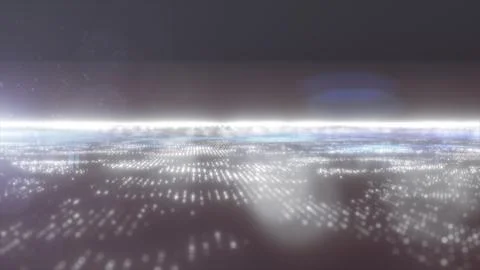 Bright white and blue digital particle horizon with glowing grid lights, mi.. Stock Illustration