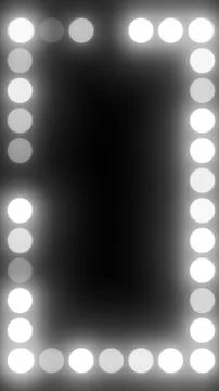 Bright white circular bulbs form a glowing rectangular frame on black backg.. Illustrazione stock
