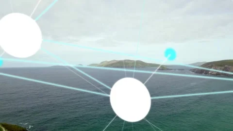 Bright white circular graphic node glowing and radiating cyan beams over grassy Stock Footage 332447820