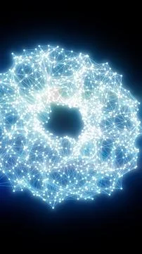 Bright white connected nodes forming an abstract circular network ring on d.. Illustrazione stock