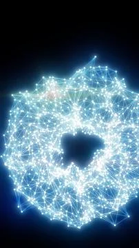 Bright white connected nodes forming an abstract circular network ring on d.. Illustrazione stock
