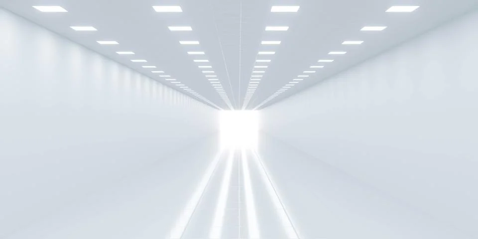 Bright White Corridor with Light at the End 3d render wallpaper background Stock Illustration