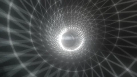 Bright white digital tunnel with geometric mesh structure creating a futurist Stock Illustration