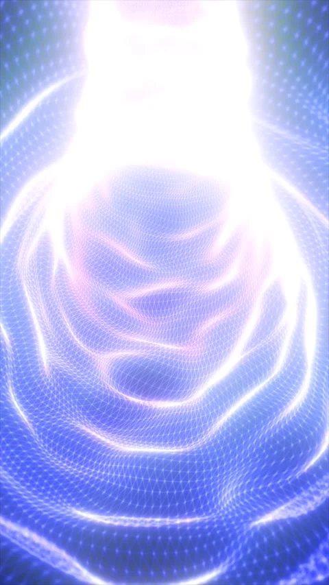Bright white energy column inside a blue wireframe vortex, with glowing spi.. Stock Footage 339032644