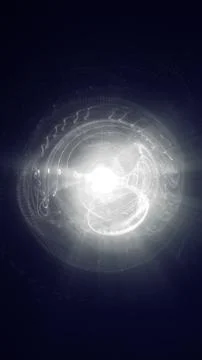 Bright white energy vortex with glowing circular trails, particles, and rad.. Illustrazione stock