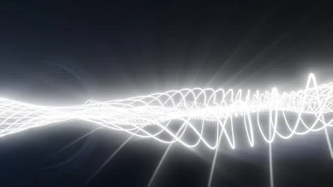 Bright white glowing waveform lines crossing a dark background, suggesting .. Illustrazione stock