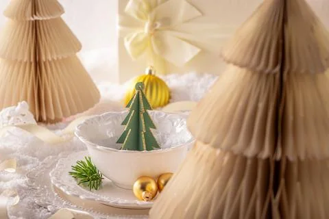 Bright white holiday setting with white accents. Stock Photos
