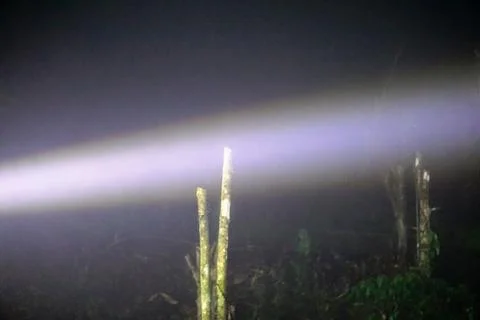 A bright white light beam shining upwards from a small flashlight Stock Photos