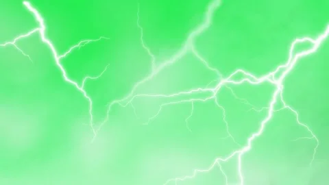 Bright white lightning bolts striking across a vibrant green cloud background Stock Footage 338179517