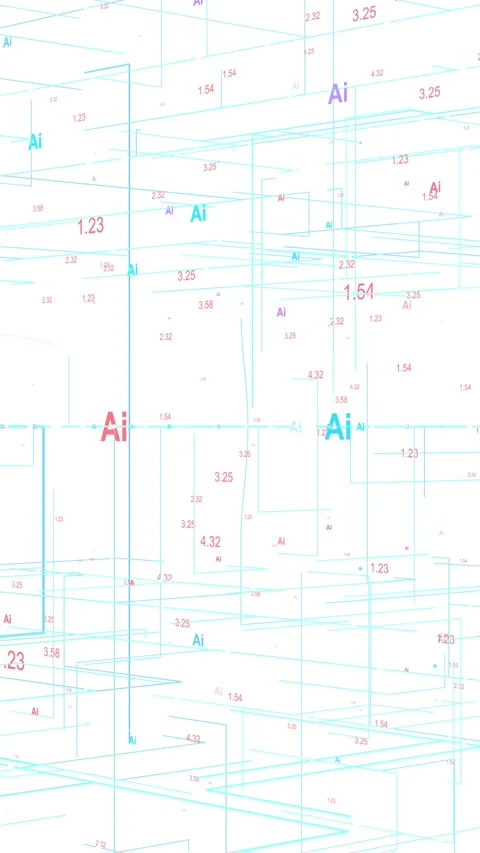 A bright, white network of cyan paths, floating AI labels, and numeric values cr Stock Footage 341014053