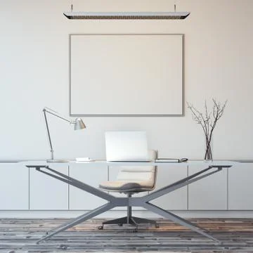 Bright white office interior with blank picture frame. 3d rendering Stock Illustration