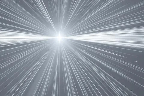 Bright white rays radiate from a central point across a soft gray field, co.. Illustrazione stock