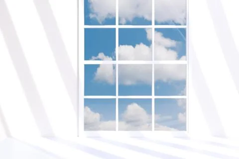 Bright window view with clouds, showcasing a serene atmosphere Illustrazione stock