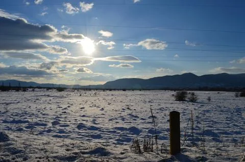 Bright winter sunlight casts soft shadows over a snow-covered field with Stock Photos