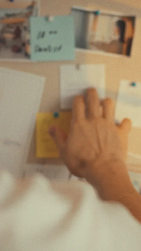 In a bright workspace during the day a person arranges notes and pictures on Stock Footage 331794521